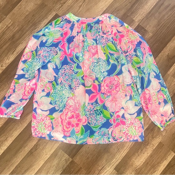 LILLY PULITZER Elsa Top Multi Peony For Your Thoughts 100% Silk Blouse Size XL - Picture 6 of 7